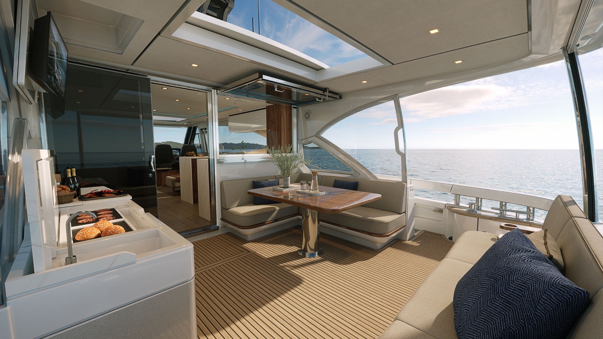 Riviera 6200 Sport Yacht aft deck with alfresco galley